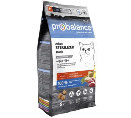 Probalance 8 кг Sterilized Duck корм сухой для кошек, утка (ЛМ)